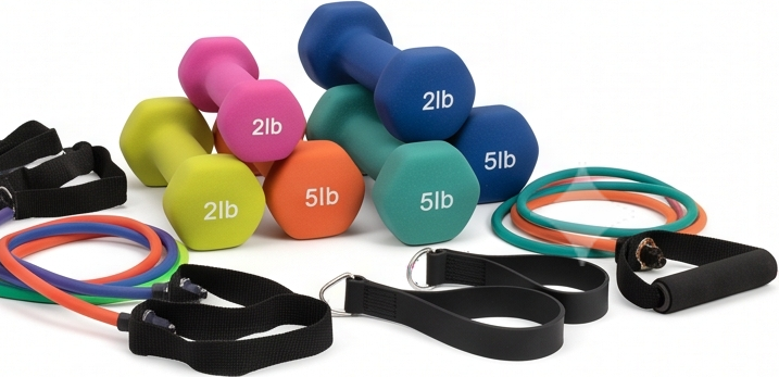 Total Body gear — dumbbells and resistance bands