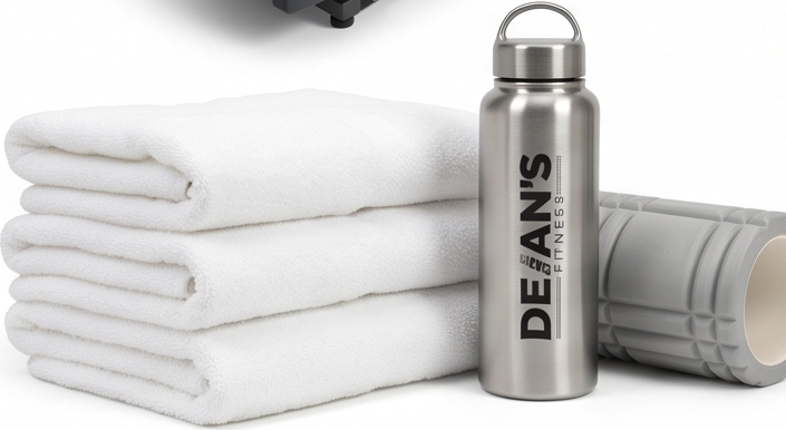 Fresh towels, a Dean's water bottle and a foam roller