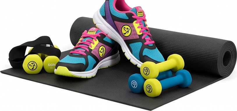 Zumba class gear — dance shoes, dumbbells and a mat